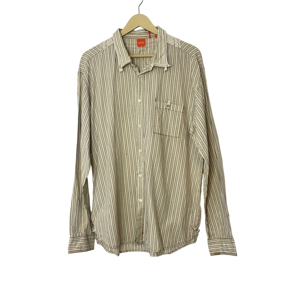 Hugo Boss‎ Orange Shirt Mens XXL Tan Striped Button Down Long Sleeve Italy